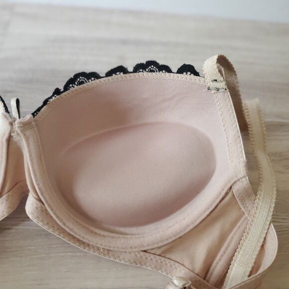 Jezebel Padded Push Up Bra 34B Nude Black Lace Corset Stitch - Picture 7 of 11